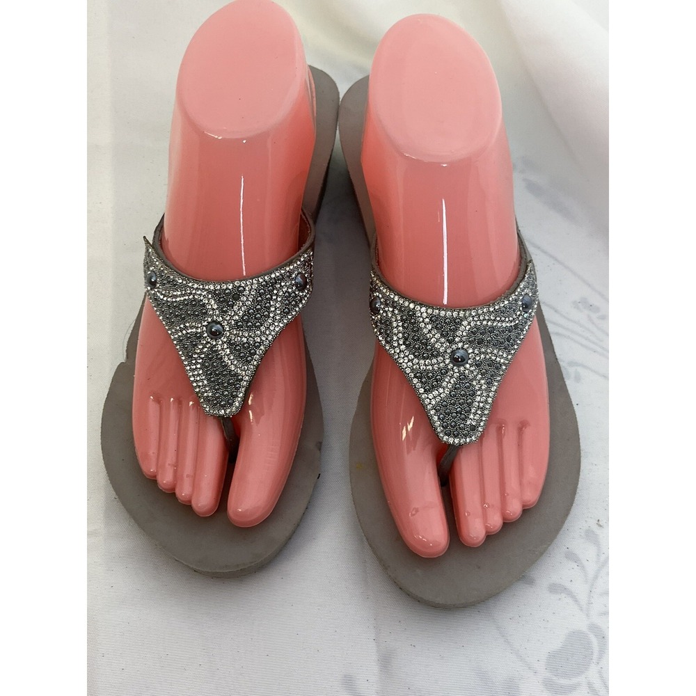 MIXIT Wedge Flip Flops Sandal Gray With Large Gems And Crystals T-Strap Size 9